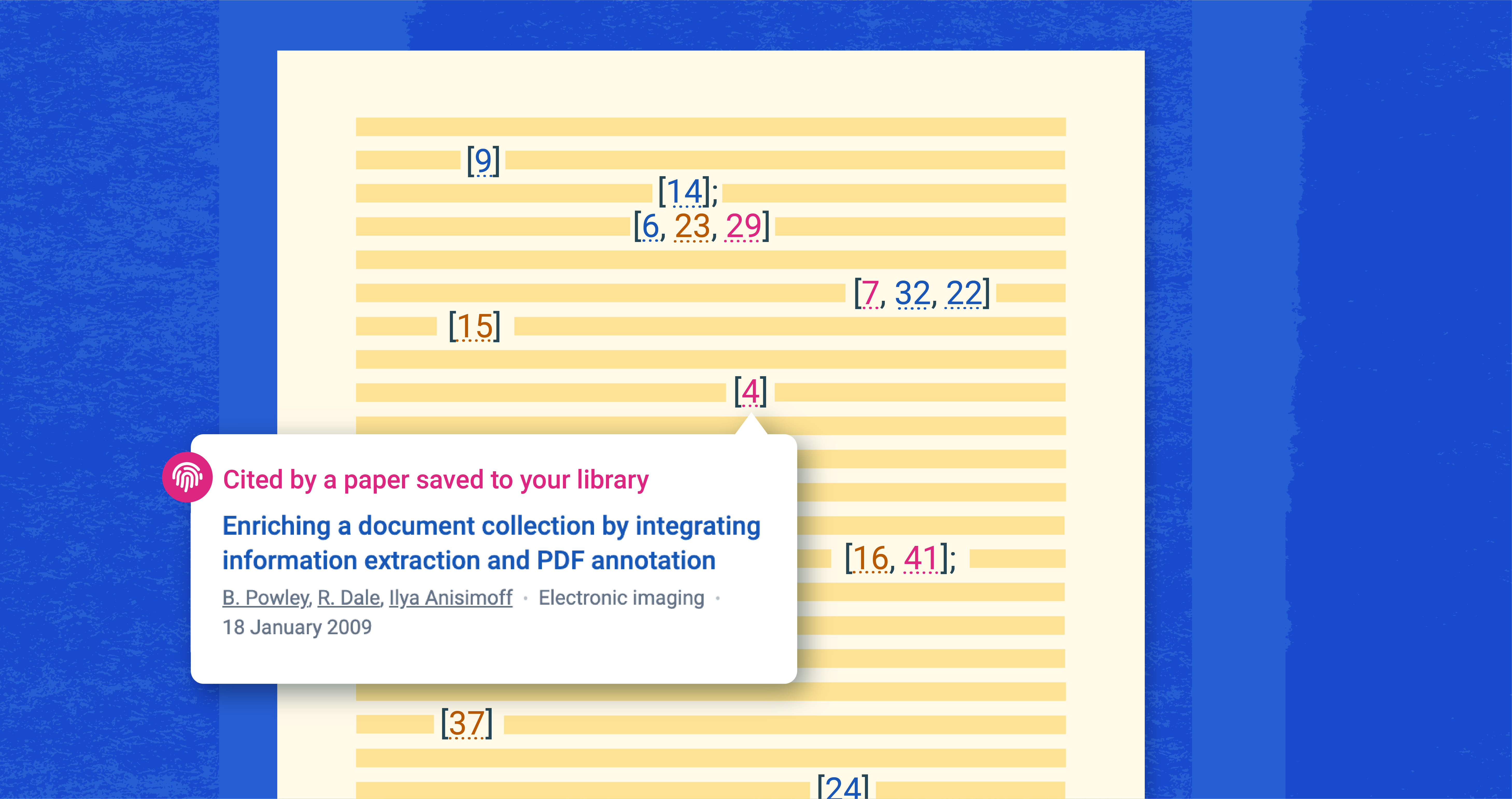 A simplified illustration of a paper shows in-line citations in various colors. One of the citations has been clicked on to reveal a popover containing the text "Cited by a paper saved to your library" and the paper's metadata below that message.